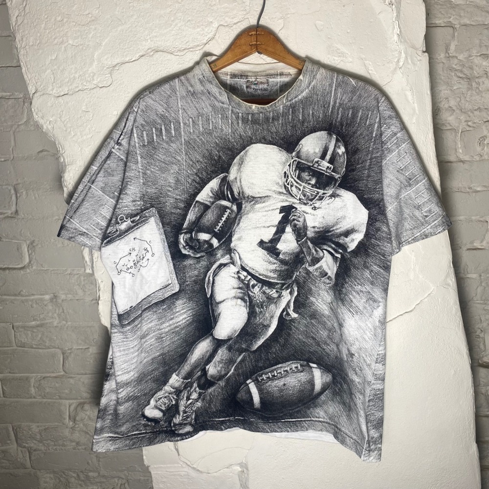 Vintage 1990‎ Football All Over Print Sketch Art Caribbean Dream T-Shirt Mens M